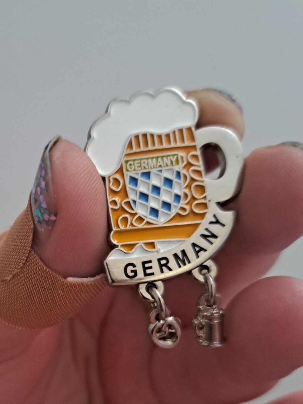 Germany Beer Stein Enamel Charm Pin - Orange, White, Blue